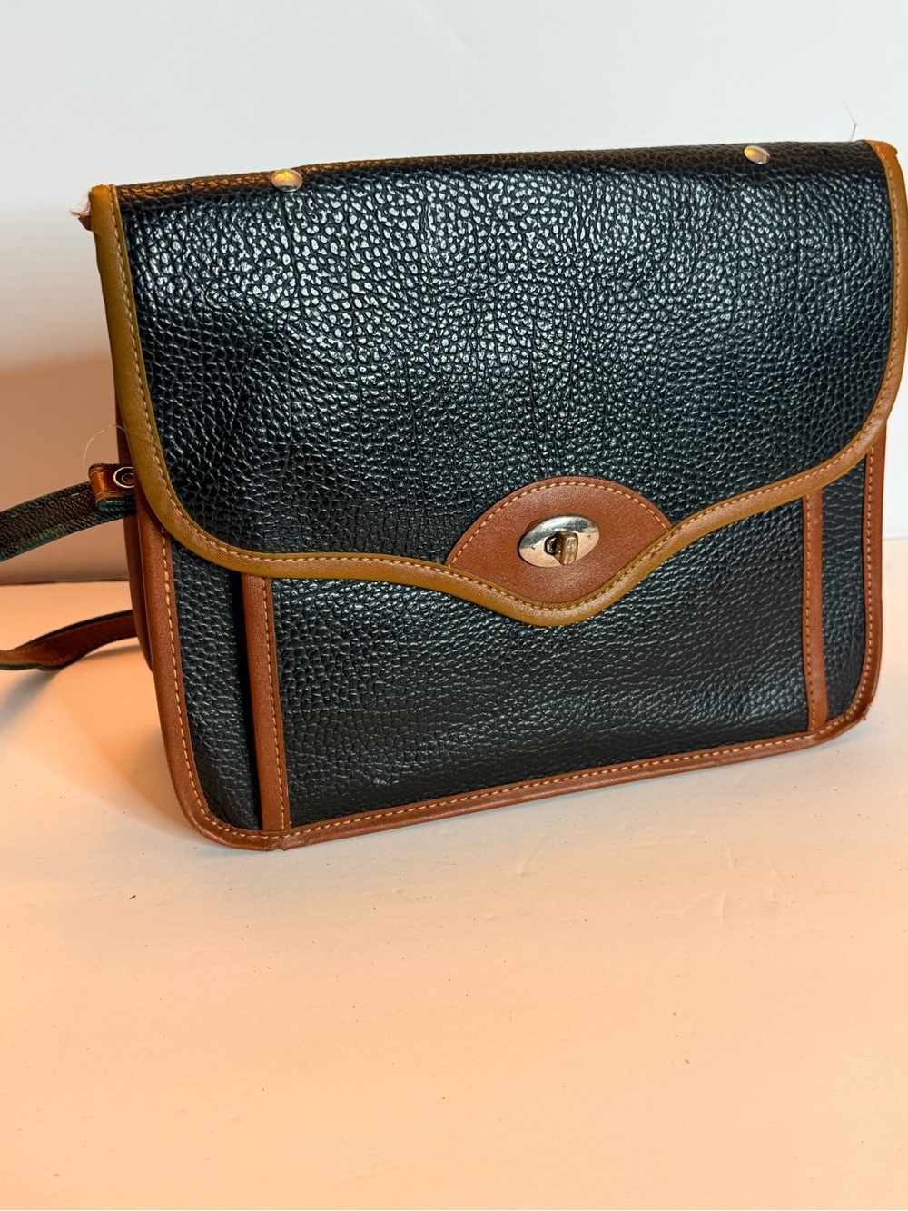 Black Pebbled Crossbody Bag with Brown Trim